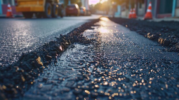 Photo street resurfacing fresh asphalt construction bad road