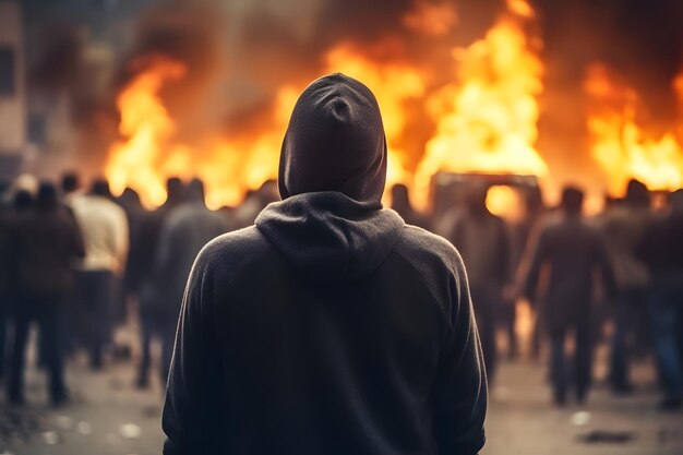 Уличные беспорядки в городе с протестующими и сжигающими машины нейронная сеть сгенерировала фотореалистичное изображение