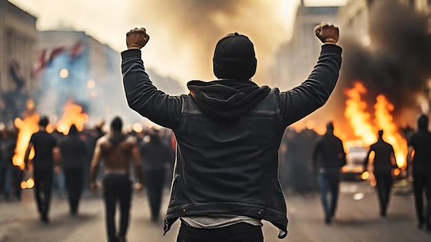 Сцена уличных беспорядков сзади мужского протестующего иллюстрация, сгенерированная ИИ