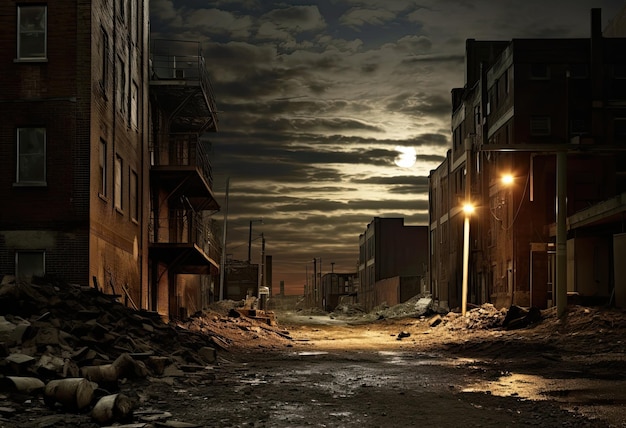 A street road buildings and trees with the moon shining