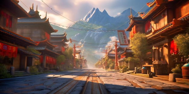 A street scene in an anime fantasy with a mountain in the background