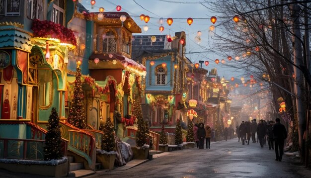 a street scene of a city decorated for Nowruz