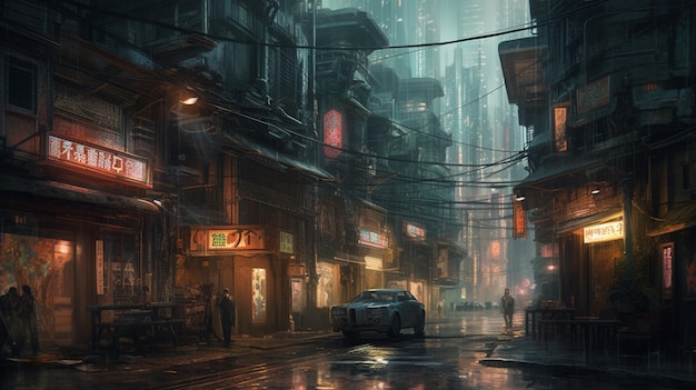 A street scene in cyberpunk city with a sign that says'cyberpunk '