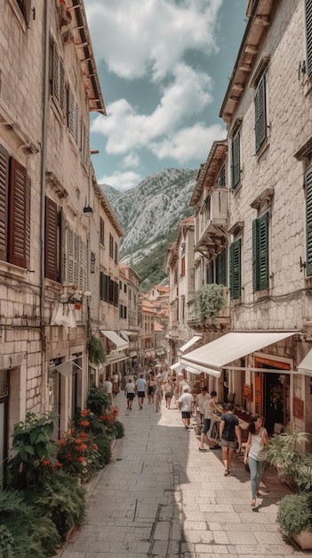 A street scene in dubrovnik, croatia with a view of the mountains in the background.