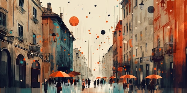 a street scene with balloons in the sky