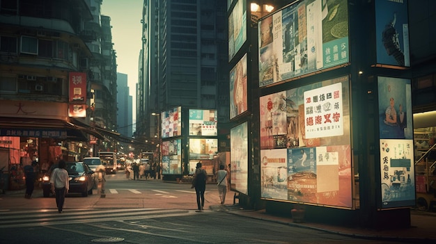 A street scene with a billboard that says'hong kong'on it