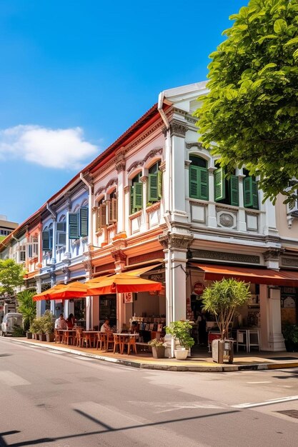 Photo a street scene with a building with orange umbrellas and a building with a sign that says  cafe