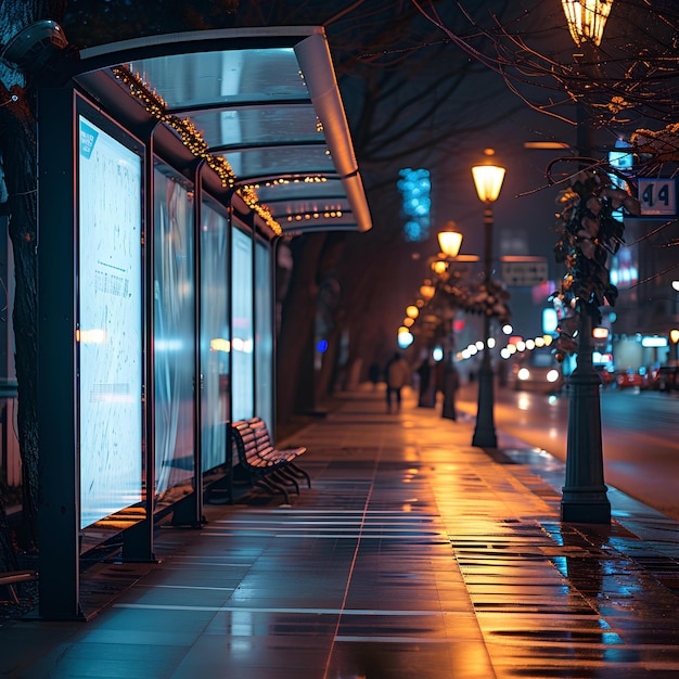 A street scene with a bus stop and a bus stop