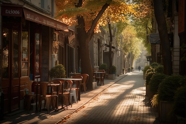 Уличная сцена с кафе посередине и надписью «кафе» спереди.