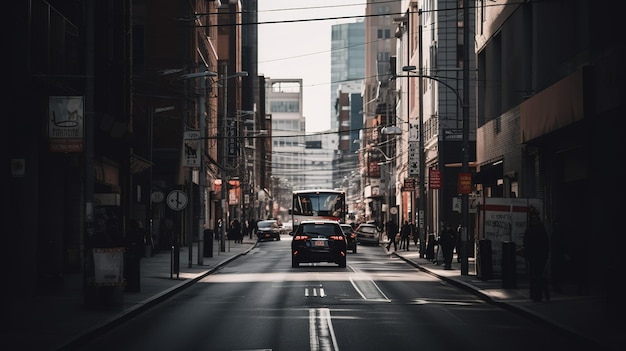 A street scene with a car driving down it and a sign