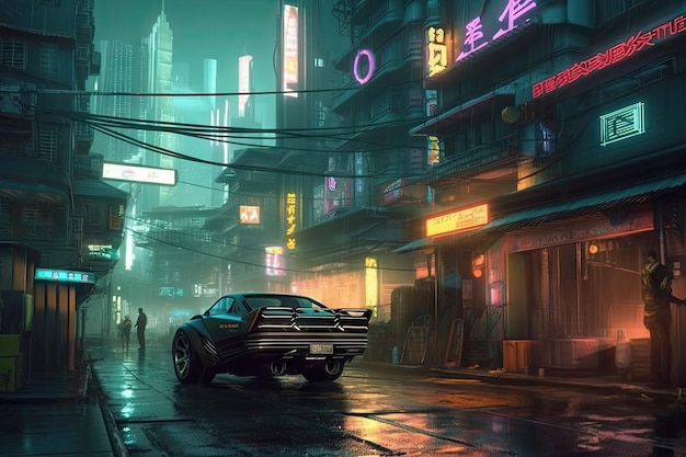 A street scene with a car in the foreground and a neon sign that says'cyberpunk'on it.