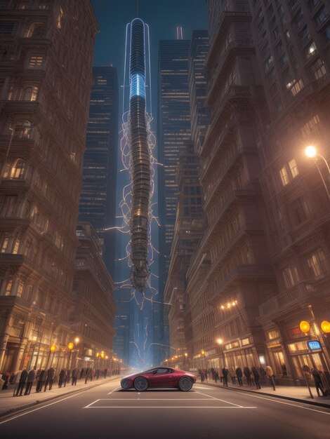 A street scene with a car in front of a skyscraper.