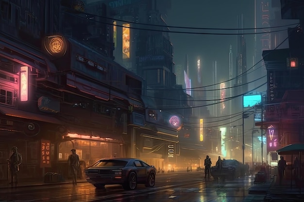 A street scene with a car and a sign that says'cyberpunk'on it.