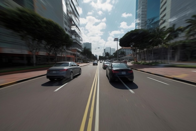 A street scene with cars and buildings in the background.