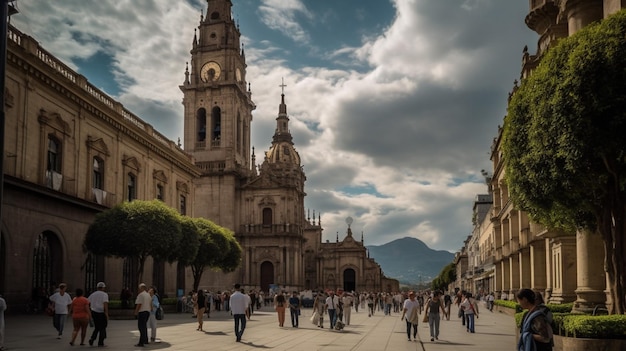 A street scene with a church in the background and a mountain in the background.