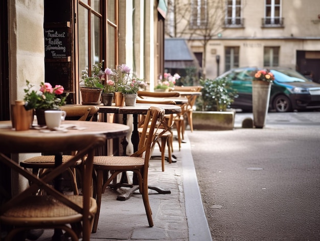 A street scene with a green car and tables with chairs and a sign that says french cafe.