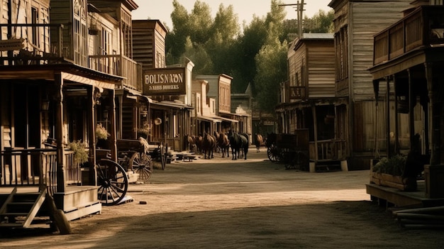 A street scene with a horse and buildings with the word possum on it.