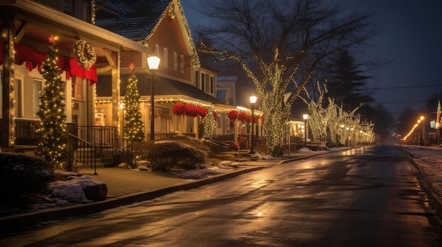 a street scene with a house decorated for christmas.