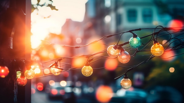 A street scene with lights on the branches and the words christmas lights on it