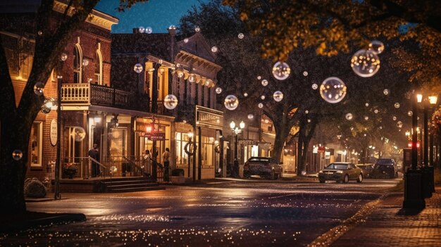 Уличная сцена со свисающими с улицы фонарями и зданием с надписью «серебряные шары» на нем.