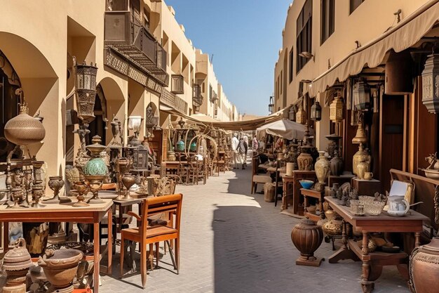 Photo a street scene with a lot of pottery and a blue sky