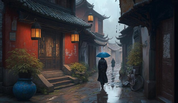 A street scene with a man walking with an umbrella.