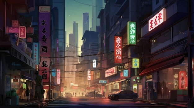 A street scene with a neon sign that says'cyberpunk'on it