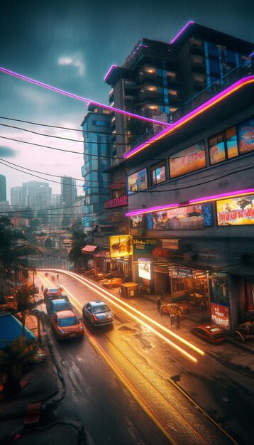 A street scene with a neon sign that says'cyberpunk'on it