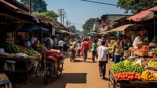 a street scene with people walking and a fruit market.