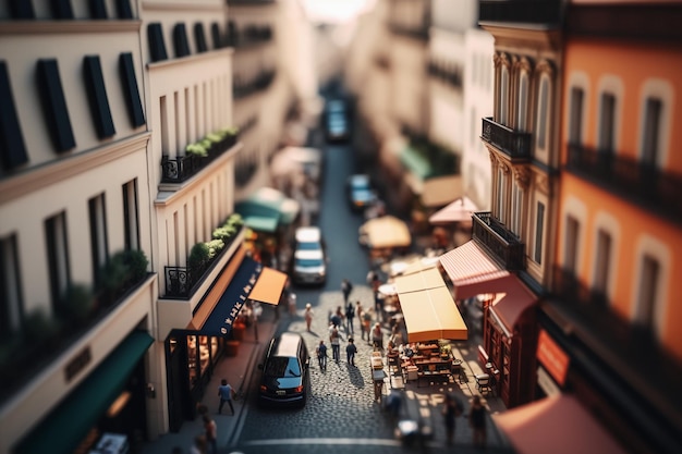 A street scene with a small cafe and people walking around.