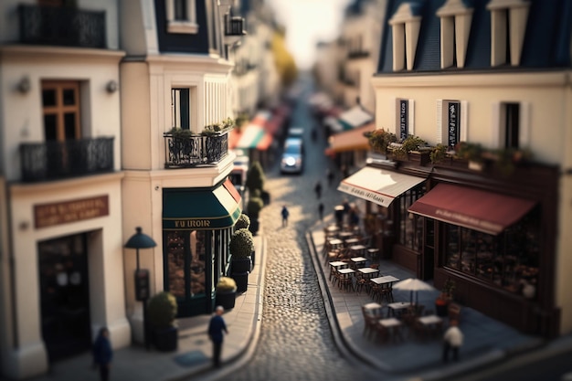 A street scene with a small cafe and a sign that says " french ".
