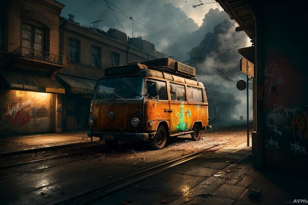 A street scene with a van in the foreground and smoke in the background.