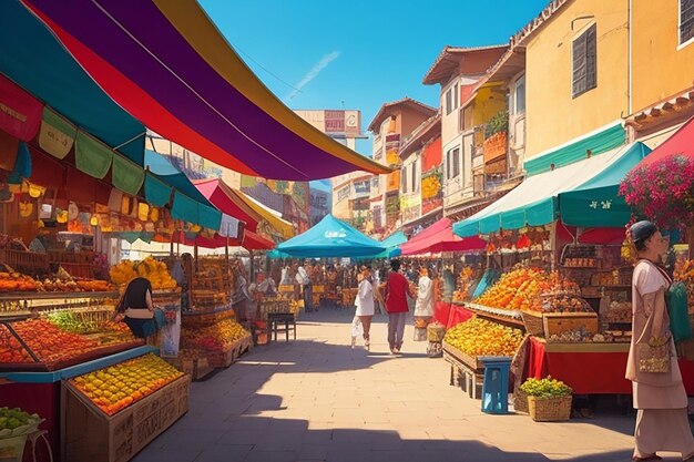 A street scene with a woman selling fruits and vegetables