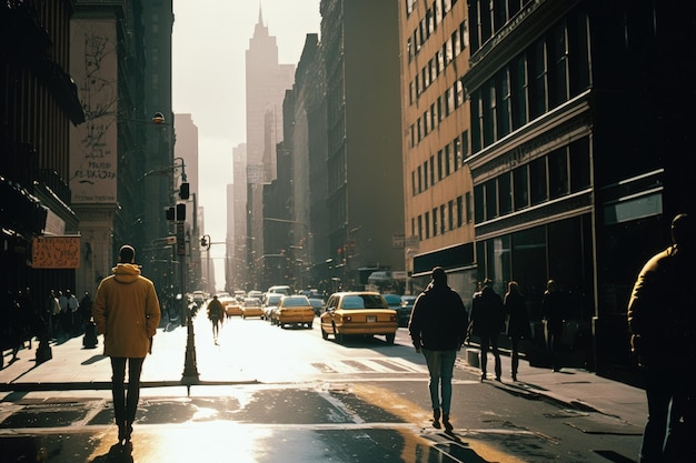 Уличная сцена с желтым такси и людьми, идущими по улице.