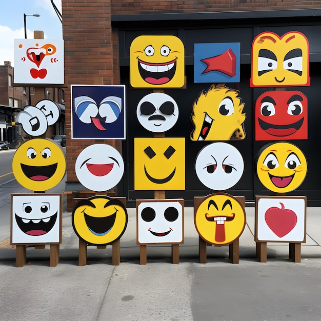 Street signposts adorned with a variety of evocative emojis