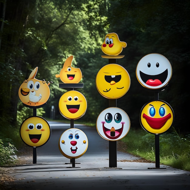 Foto segnali stradali con emoji evocative che trasmettono emozioni