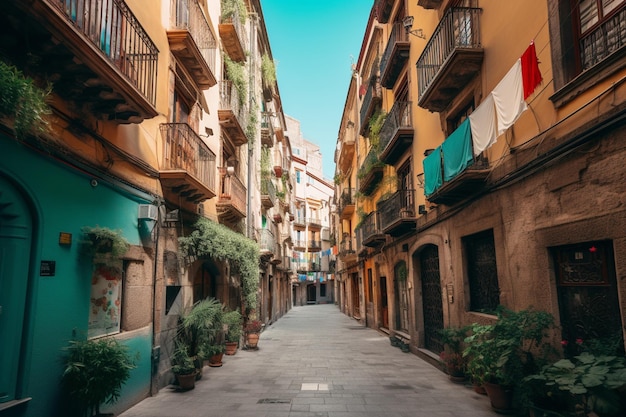 A street in a small town with a blue sky in the background.