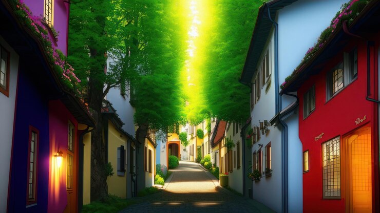 Photo a street in a small town with a green tree in the middle