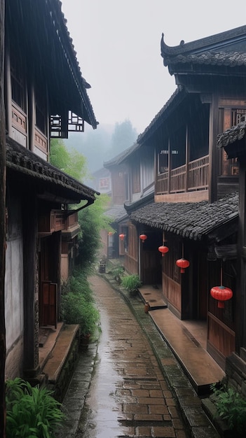 Photo a street in a small town with a red lantern hanging from the roof.