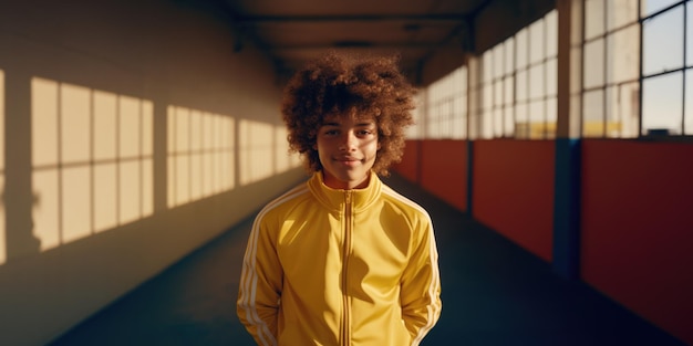 street style boy with curly hair posing in a hallway at sunset