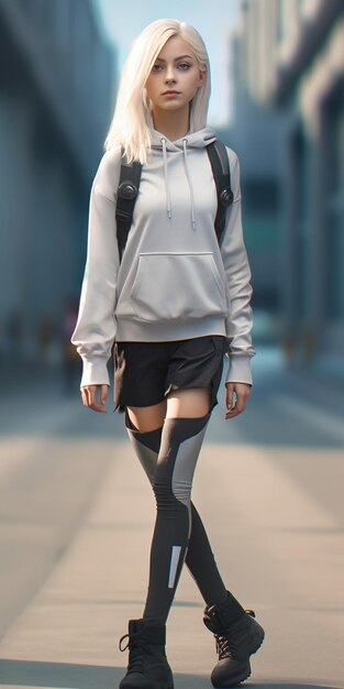 Street style fullbody photo of a woman cyberpunk city