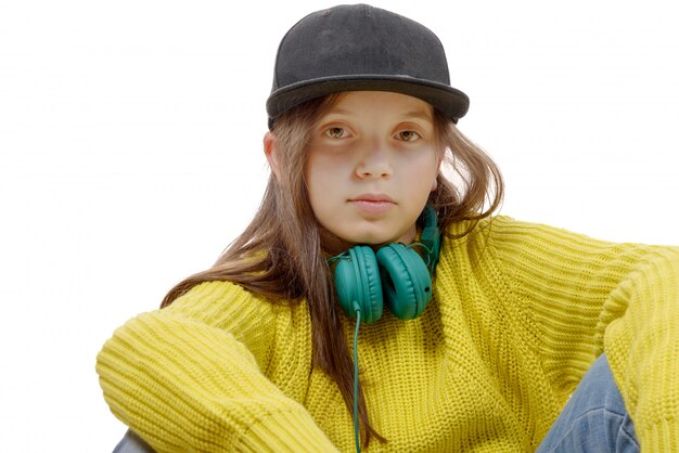 Street style hipster girl with hat and yellow pullover on white.