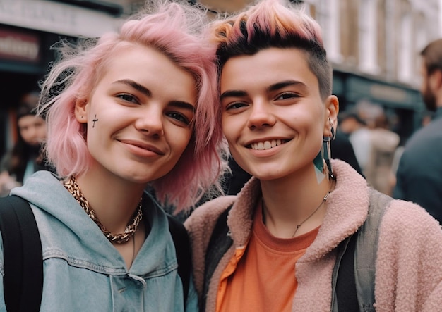 Street style portrait of stylish nonbinary couple on city streetAI Generative