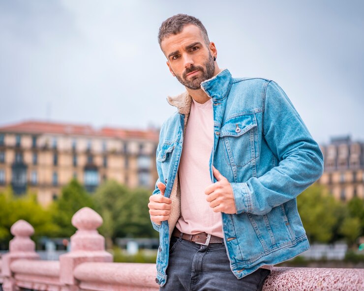 Street Style, молодой человек в джинсовой куртке смотрит налево.