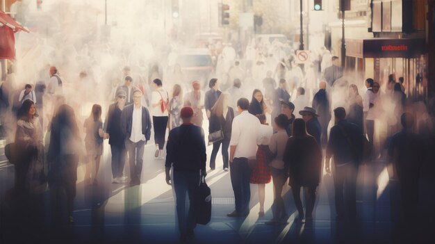 On the street a throng of people appears as a hazy unrecognizable mass