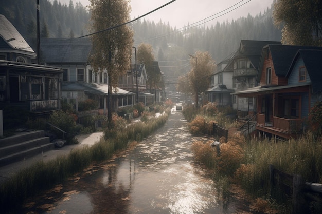 A street in a town with a tree on the left side.