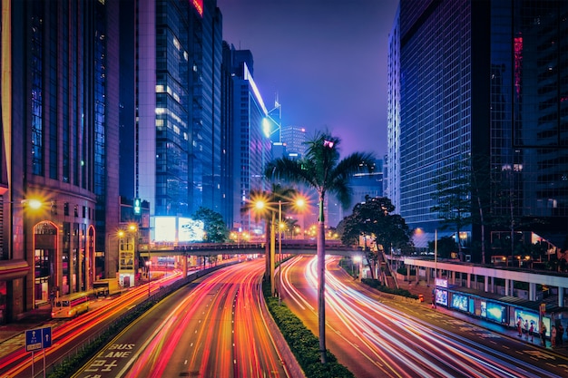 Street traffic in Hong Kong at night