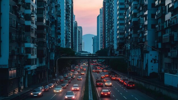 香港の夕暮れ時の通り交通