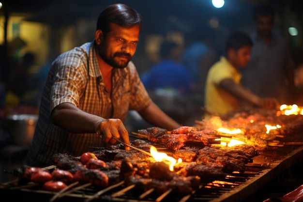Street Vendor Grilling Mouthwatering Kebabs