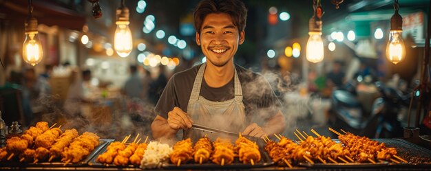 Photo a street vendor making fresh food at lively wallpaper